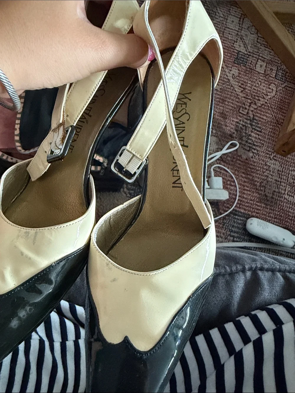 Yves Saint Laurent Two-Tone Patent Leather Slingback Pumps — Black & Cream